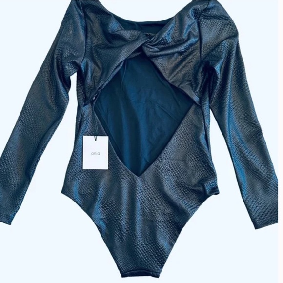 ONIA Athena Black Textured Crocodile Long Sleeve One Piece Surf Swim Suit - Picture 4 of 4